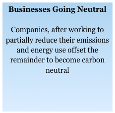 Businesses Going Neutral

Companies, after working to partially reduce their emissions and energy use offset the remainder to become carbon neutral

